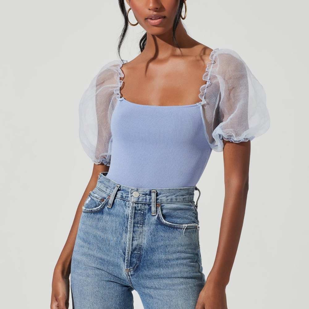 Astr bodysuit purple with sheer puff sleeves. size M